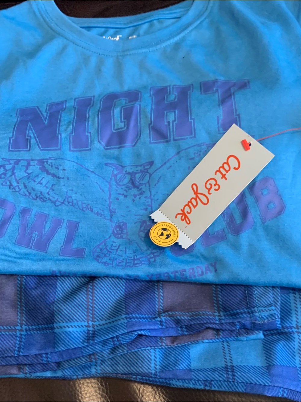 Cat & Jack Blue Night Owl Club Kids Pajama Set with Plaid Bottoms